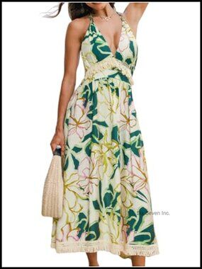 CUPSHE Women Backless Summer Dress Floral Spaghetti Strap V Neck Tassel Sun